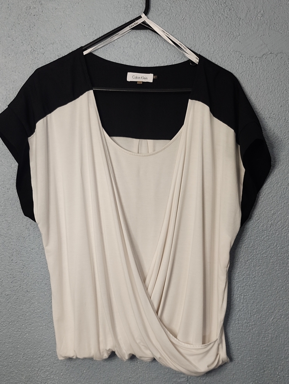 Calvin Klein Black & Cream Draped Short Sleeve Top